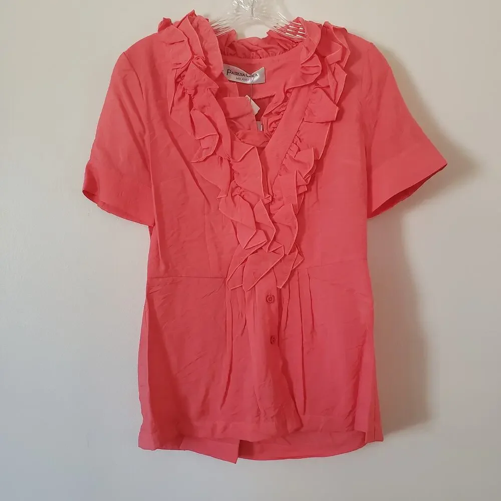 Patrizia Luca Coral Buttondown Blouse w Ruffles Size Medium - Picture 1 of 7